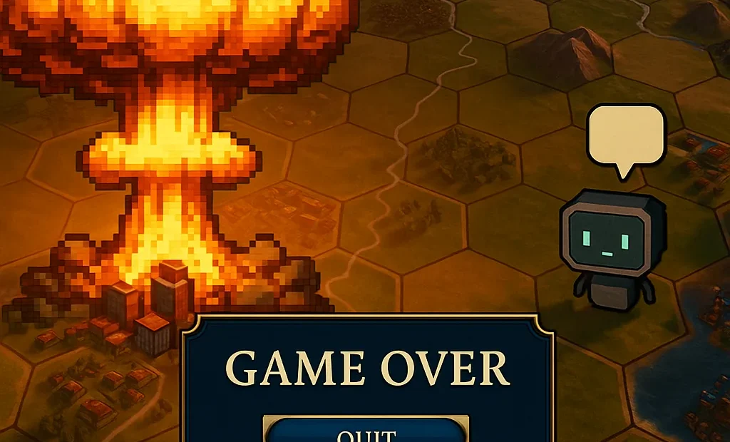 Civilization VI herní mapa, jaderný výbuch pixel art, AI prohrává