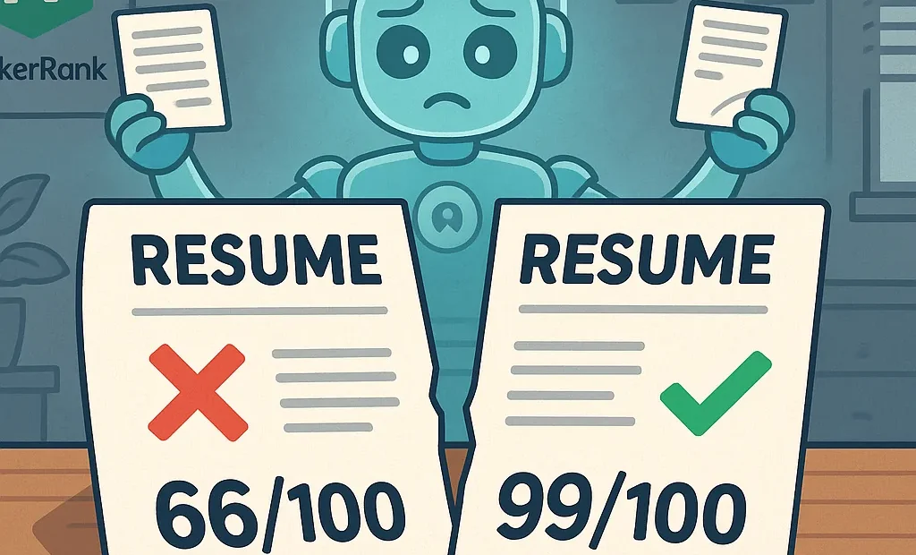 Životopis s výsledky 66 a 99 bodů, AI robot v pozadí, HackerRank logo