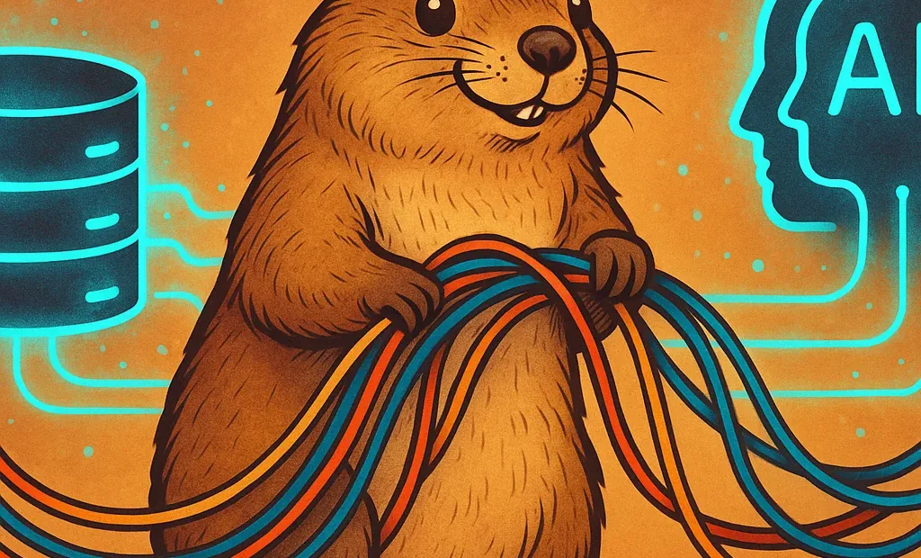 Sysel (marmot) propojující datové kabely mezi databází a AI agentem