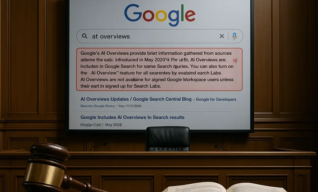 Soudní síň, německý soudce, Google logo, kladívko, AI výstup na obrazovce