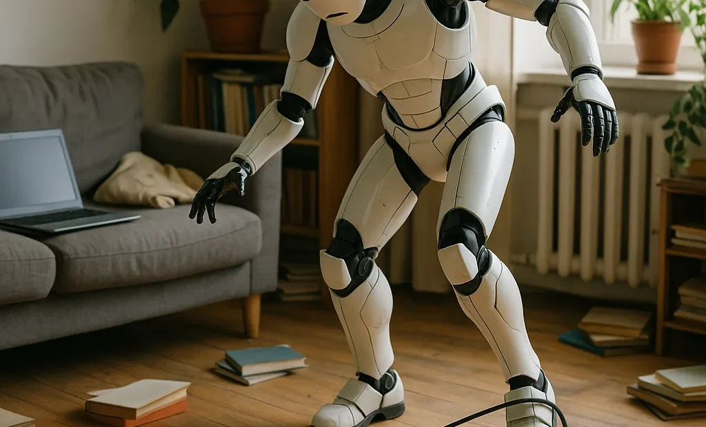 Humanoidní robot Neo padající v obývacím pokoji, zamotaný kabel