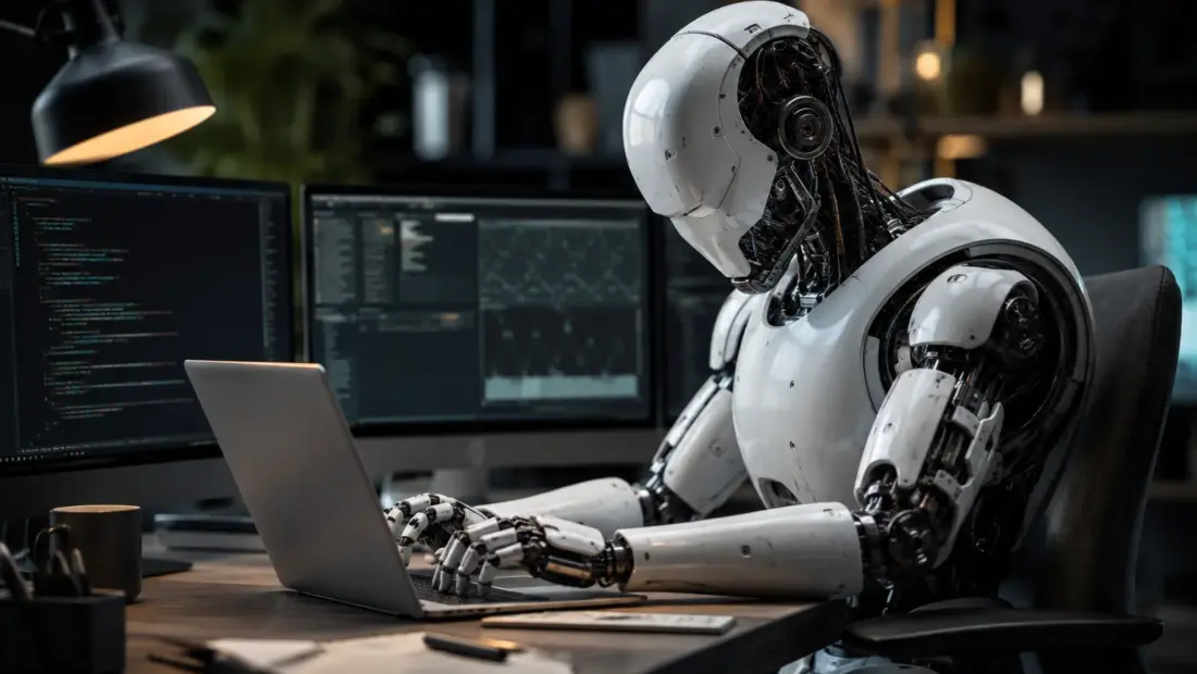 Humanoidní robot sedí u stolu a píše kód na notebooku, v pozadí monitory s editorem kódu