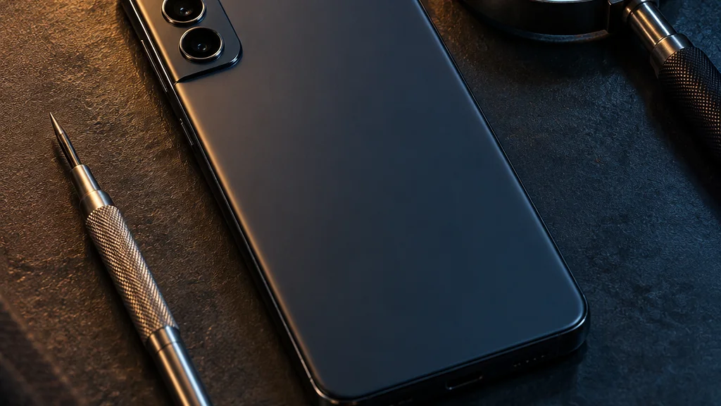 Neoznačený smartphone a nástroje pro kontrolu zařízení na tmavém pracovním stole