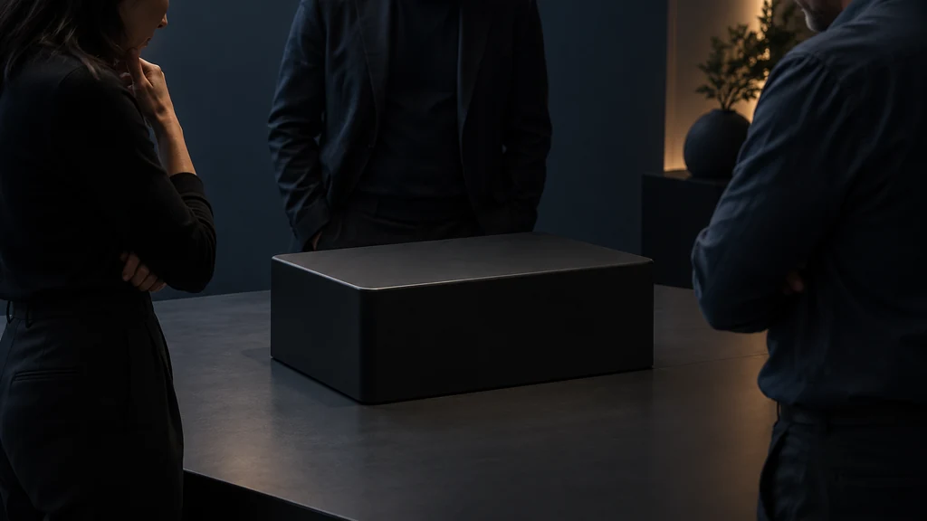 Tři lidé sledují neoznačený černý objekt jako symbol nezávislého dohledu nad umělou inteligencí