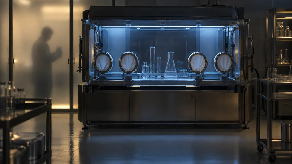 Uzavřená laboratorní komora jako symbol bezpečnostních hranic AI při biologickém výzkumu