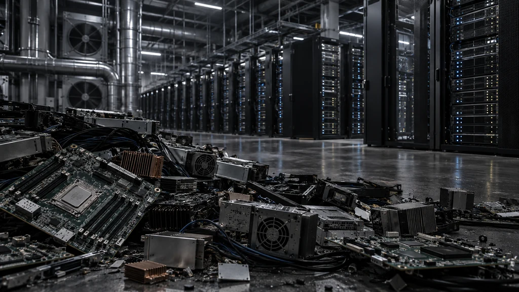 AI datacentrum a vyřazené serverové komponenty znázorňují elektronický odpad