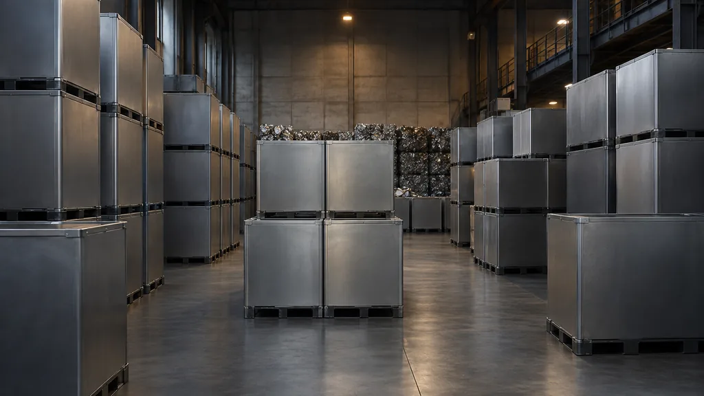 Průmyslový sklad s anonymními kovovými kontejnery představující materiálový odpad z AI datacenter