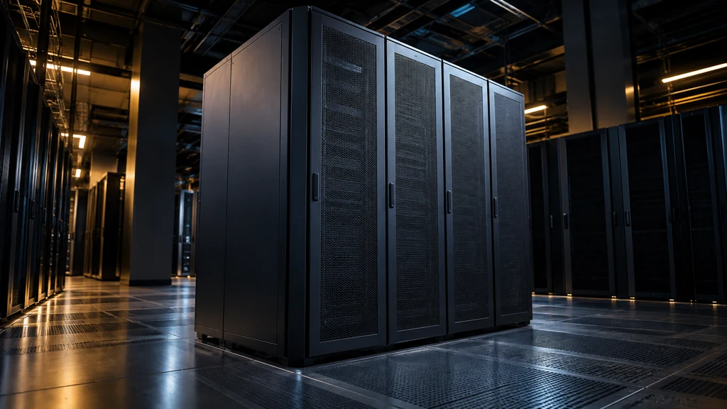 Datacentrový serverový kabinet v tmavém sále