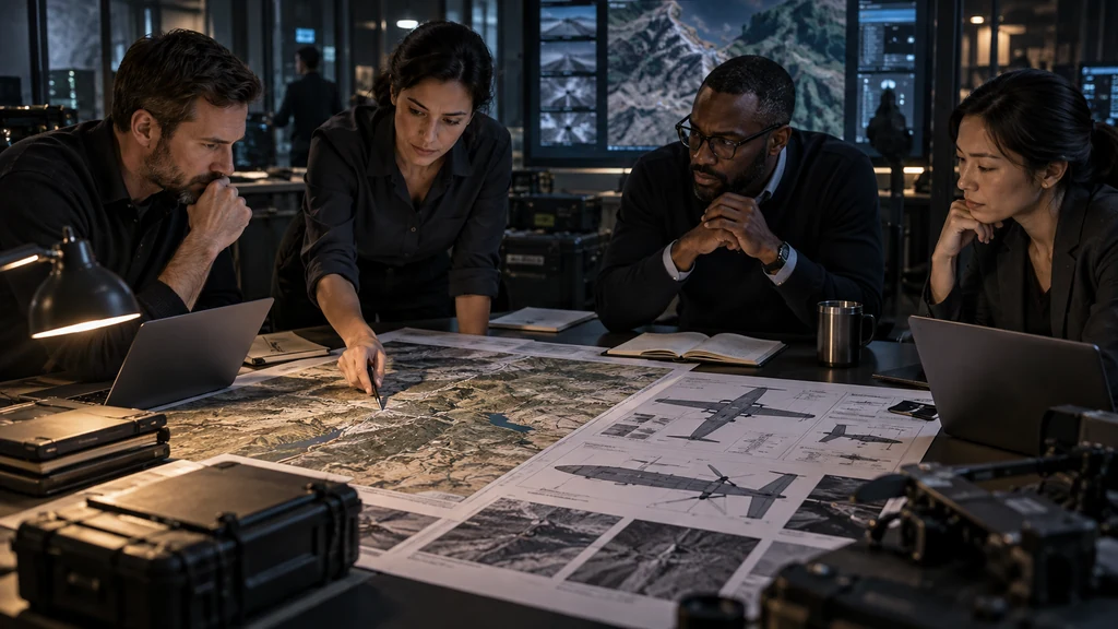 AI bezpečnostní tým analyzuje zpravodajské cíle a návrh dronu