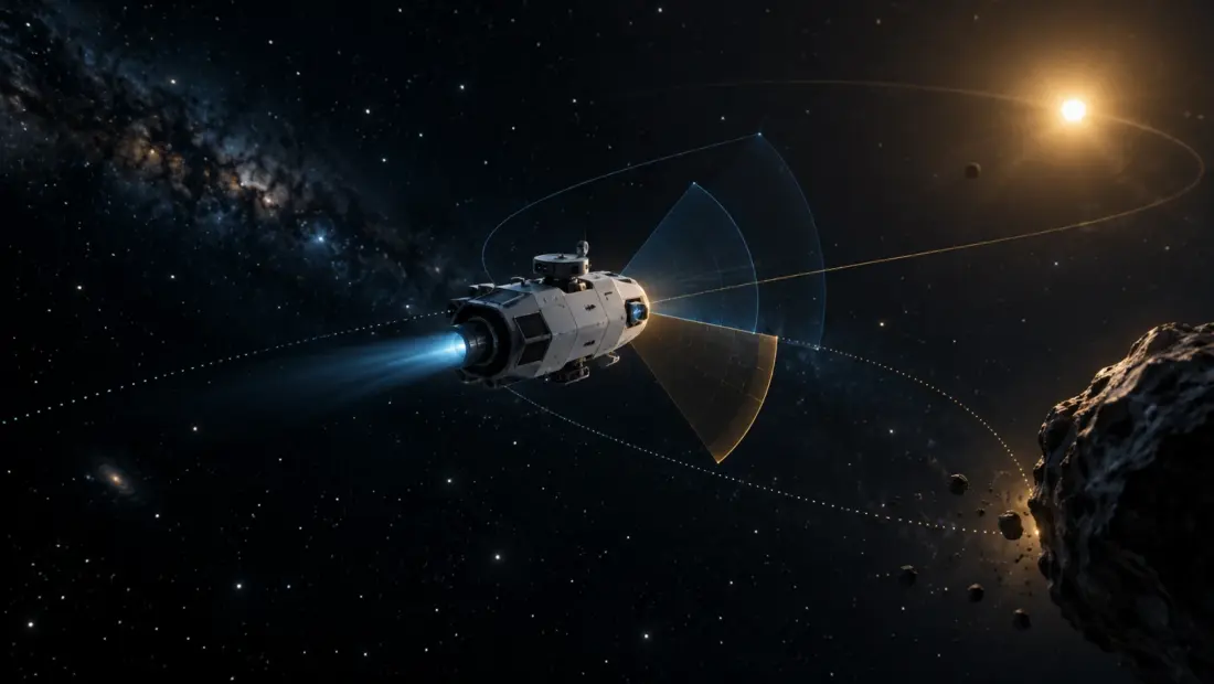 Autonomní kosmická loď AstroForge v hlubokém vesmíru s vizualizací palubní AI