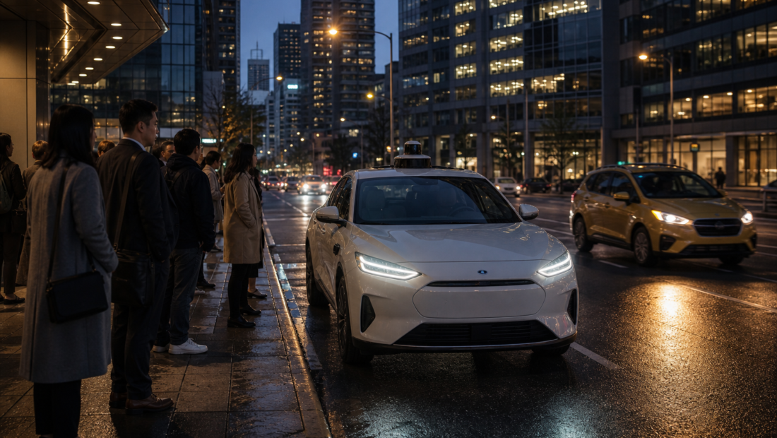 Autonomní taxi společnosti Atoms přijíždí na městské stanoviště