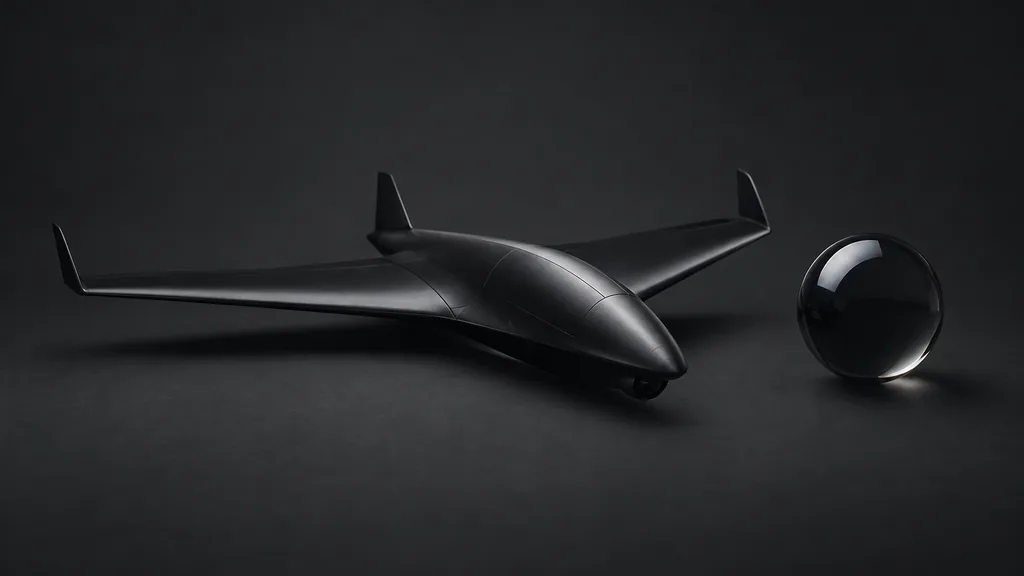 Abstraktní černý dron a koule na tmavém pozadí jako ilustrace autonomní AI v munici
