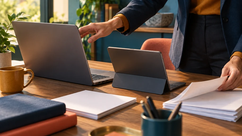 Pracovník úřadu kontroluje dokument vedle notebooku a tabletu na pracovním stole