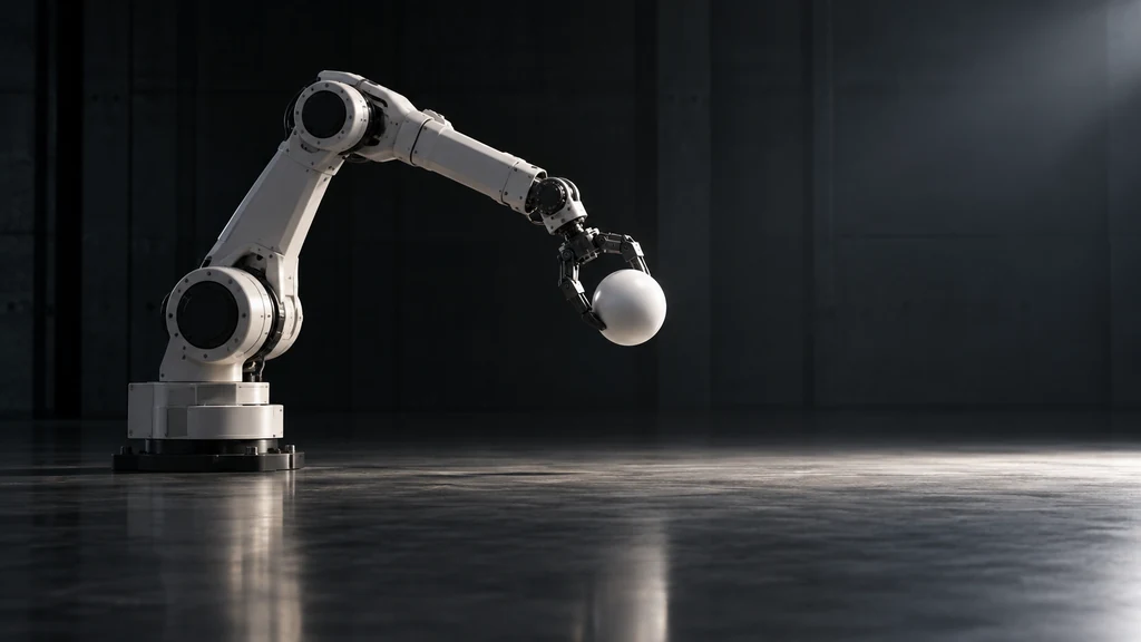 Neoznačené průmyslové robotické rameno drží hladkou kouli