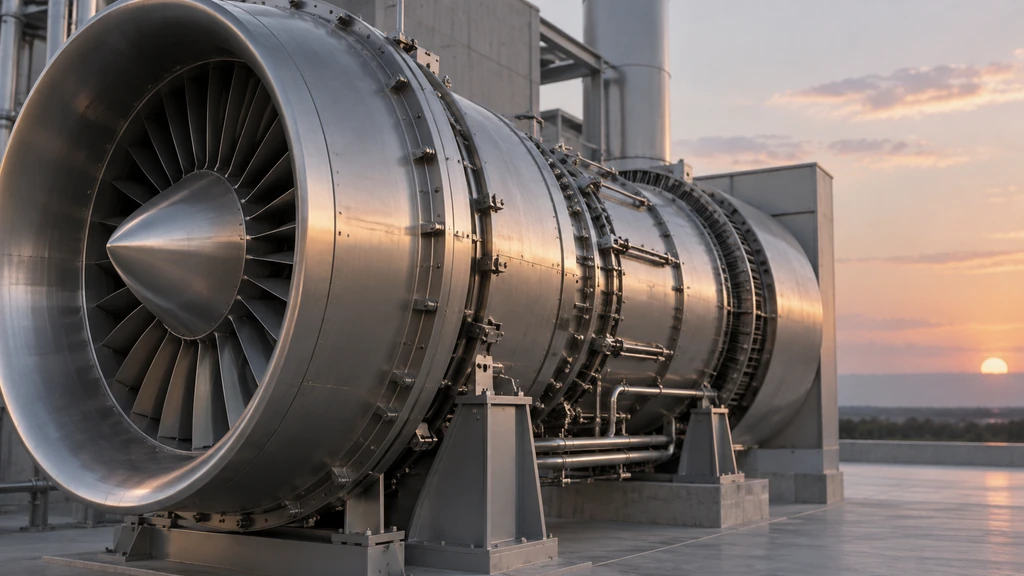 Plynová turbína v průmyslovém zařízení při západu slunce