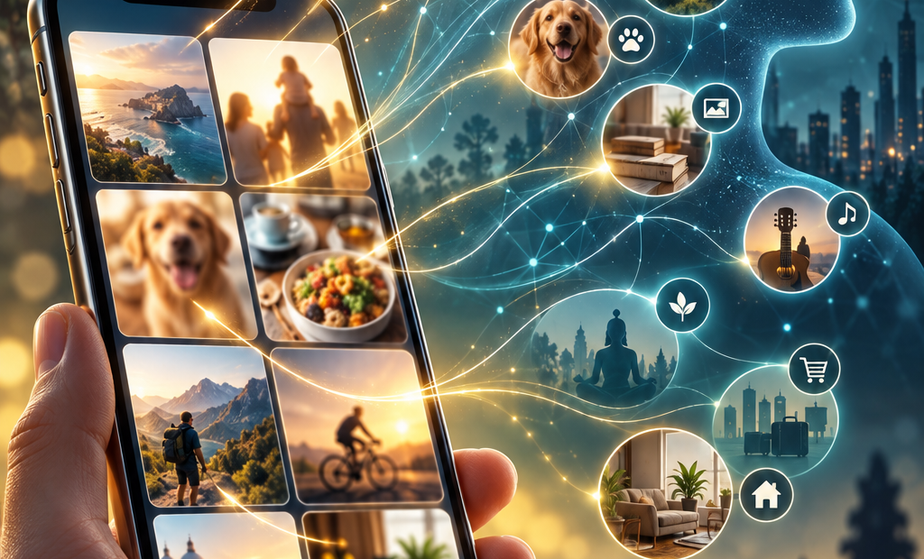 Barevná ilustrace AI asistenta analyzujícího osobní fotografie z telefonu a skládajícího z nich uživatelský profil