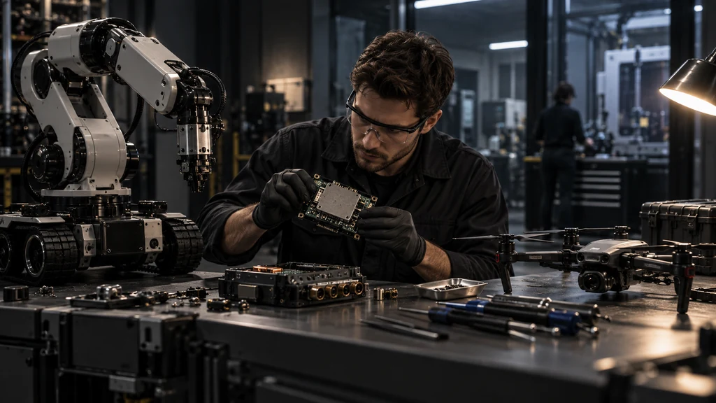 Průmyslový robot a dron v laboratoři zabezpečení fyzické AI
