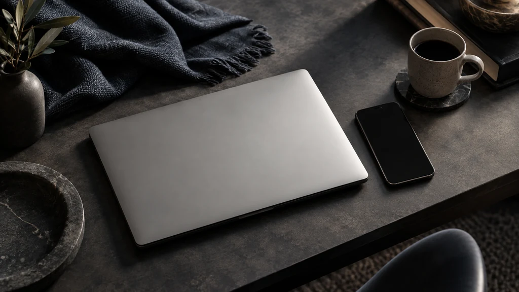 Uzavřený notebook a smartphone na minimalistickém stole