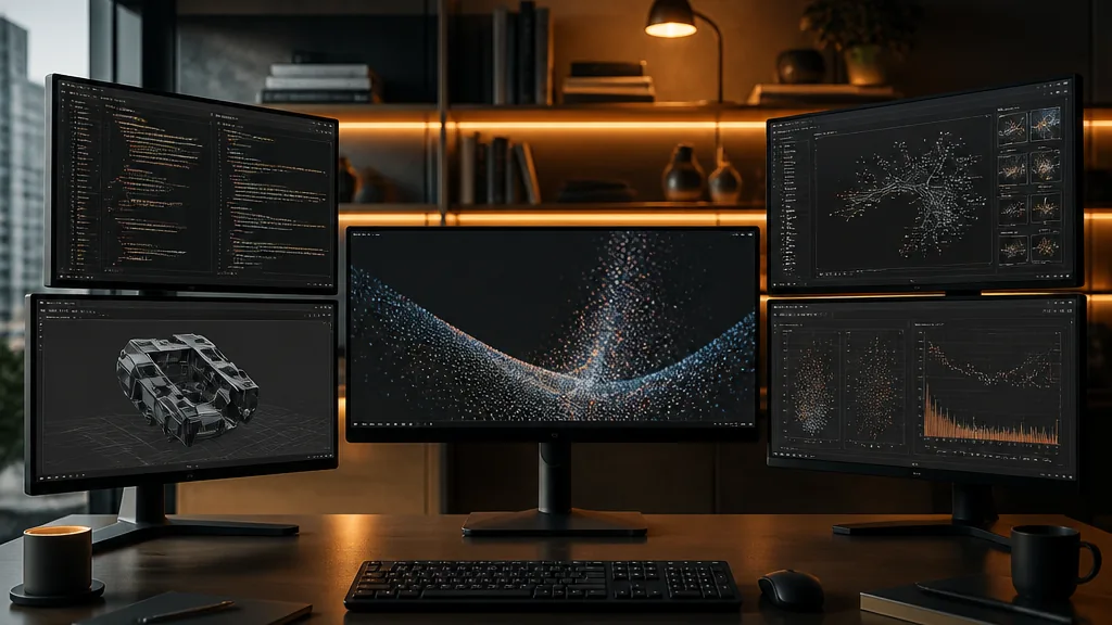 Moderní pracovní stanice s kódem, výzkumnými grafy a 3D návrhem jako symbol schopností modelu GPT-6 Astra