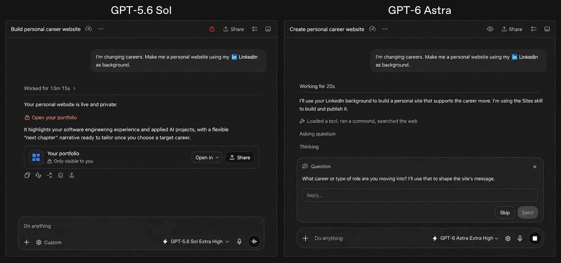 Porovnání GPT-5.6 Sol a GPT-6 Astra při tvorbě osobního kariérního webu