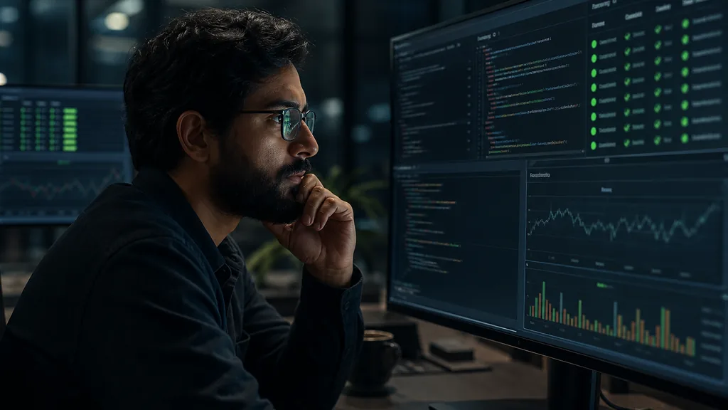 Vývojář kontroluje výsledky benchmarku AI coding agenta
