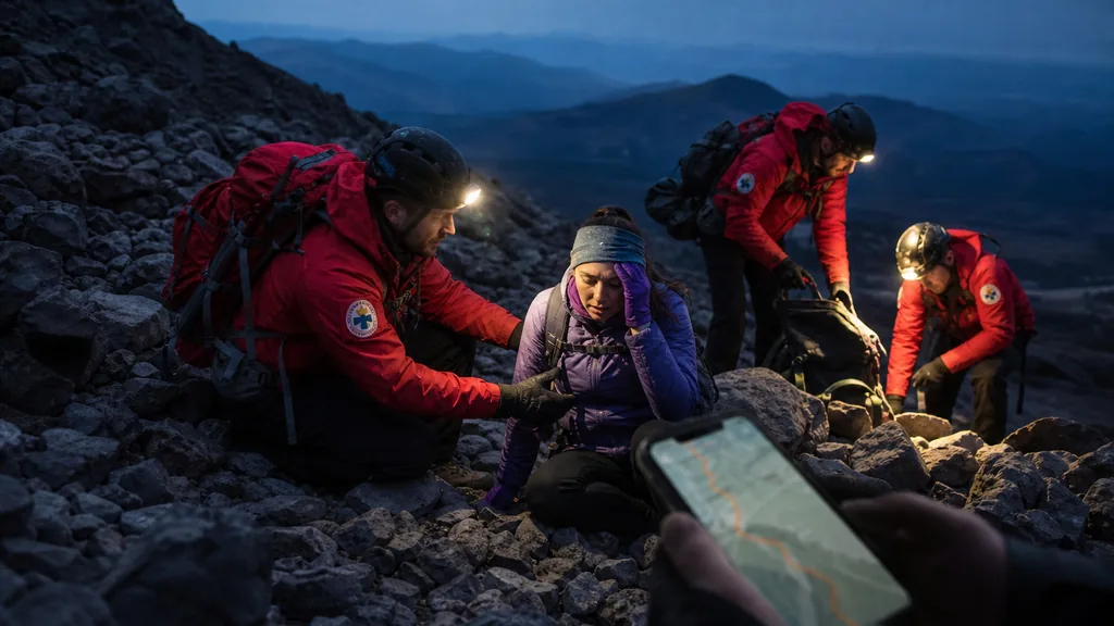 Mountain rescue team helping hikers at dusk