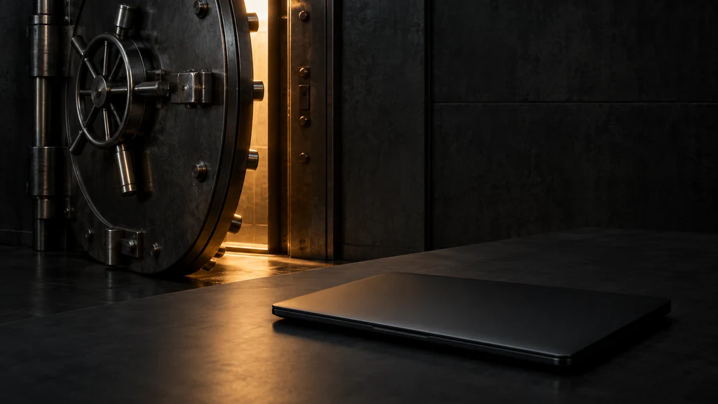 Otevřené trezorové dveře a zavřený notebook jako metafora bezpečnostní zranitelnosti AI editoru Muse