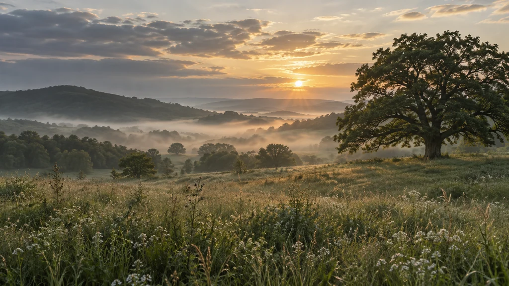 Mlžná krajina s loukou a stromy při východu slunce