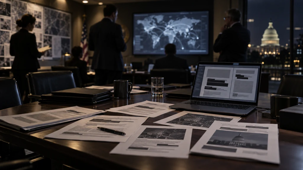Analysts reviewing redacted AI contracts in a secure government briefing room