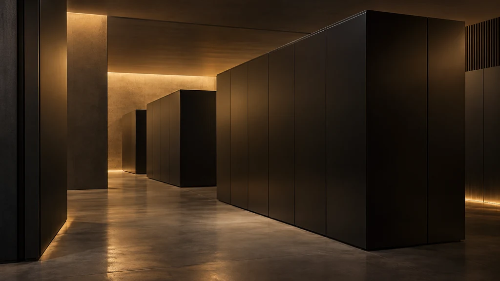 Minimalistická tmavá infrastruktura datového archivu s teplým osvětlením