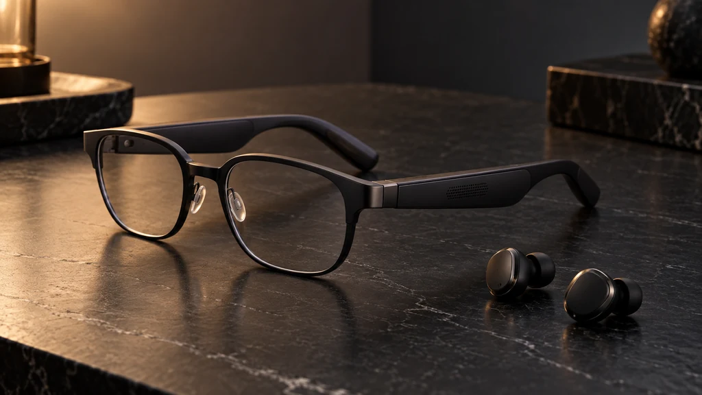 Elegantní audio chytré brýle a bezdrátová sluchátka na tmavém stole