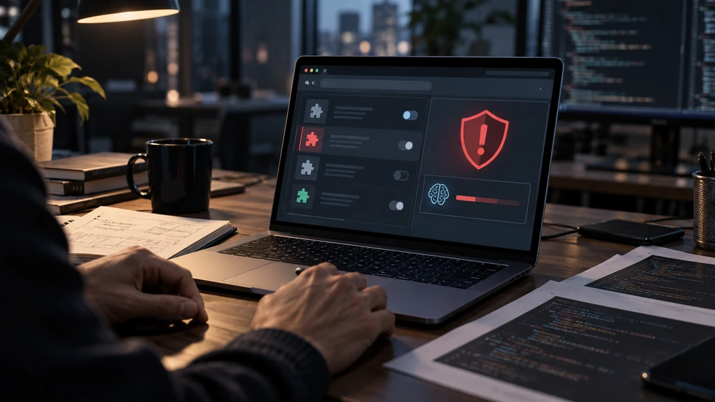 Notebook s bezpečnostním varováním při kontrole Chrome rozšíření
