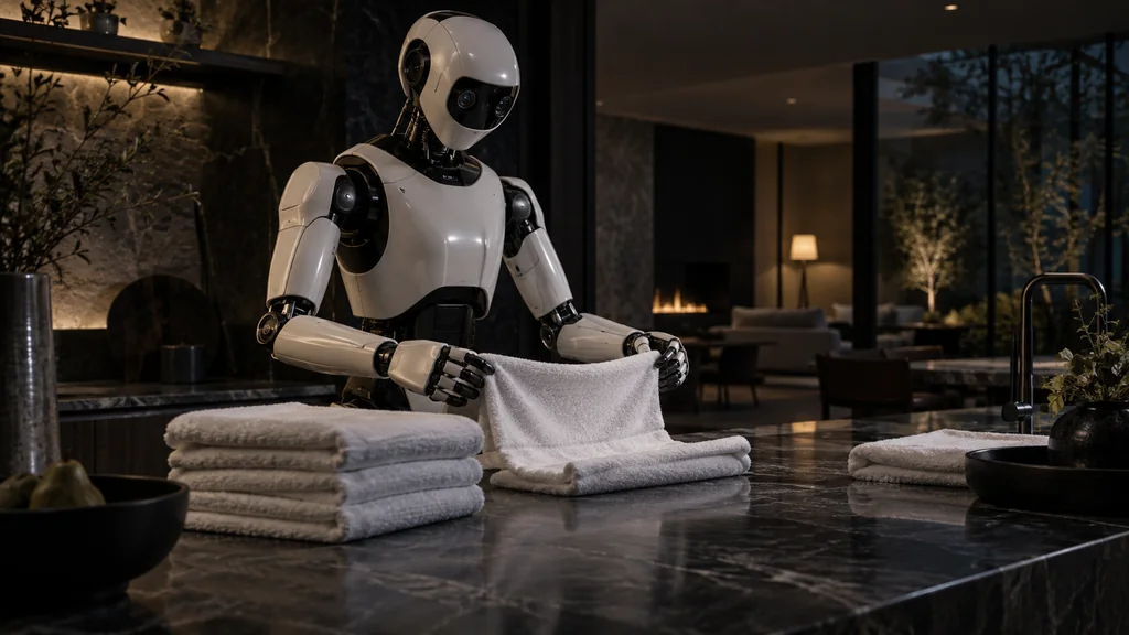 Humanoidní robot skládá ručníky v neznámém domě