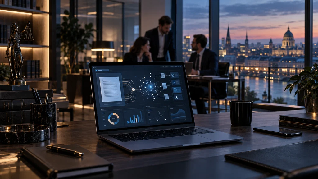 Moderní kancelář právně-technologického startupu s AI analýzou dokumentů