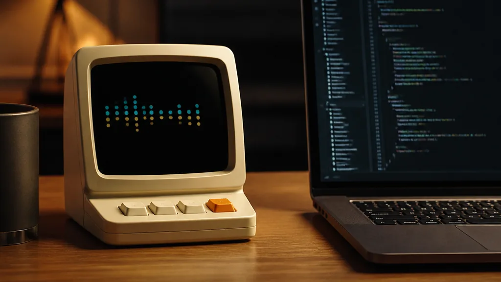 Retro stolní zařízení zobrazující stav AI coding agenta