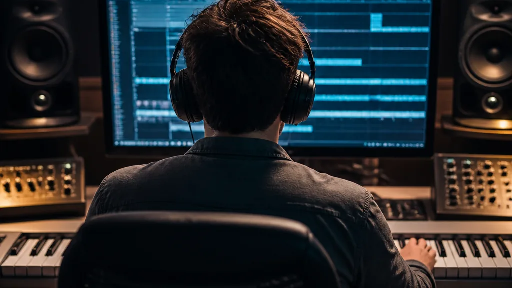 Hudebník pracuje s generativním pluginem Melody Flip