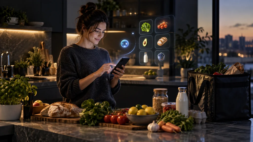 Nakupující používá mobilní AI asistenta při plánování nákupu