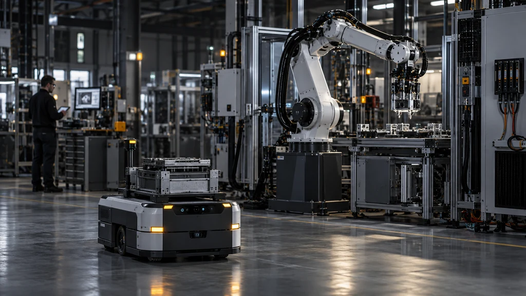 Robot a průmyslové senzory v prostředí fyzické umělé inteligence.