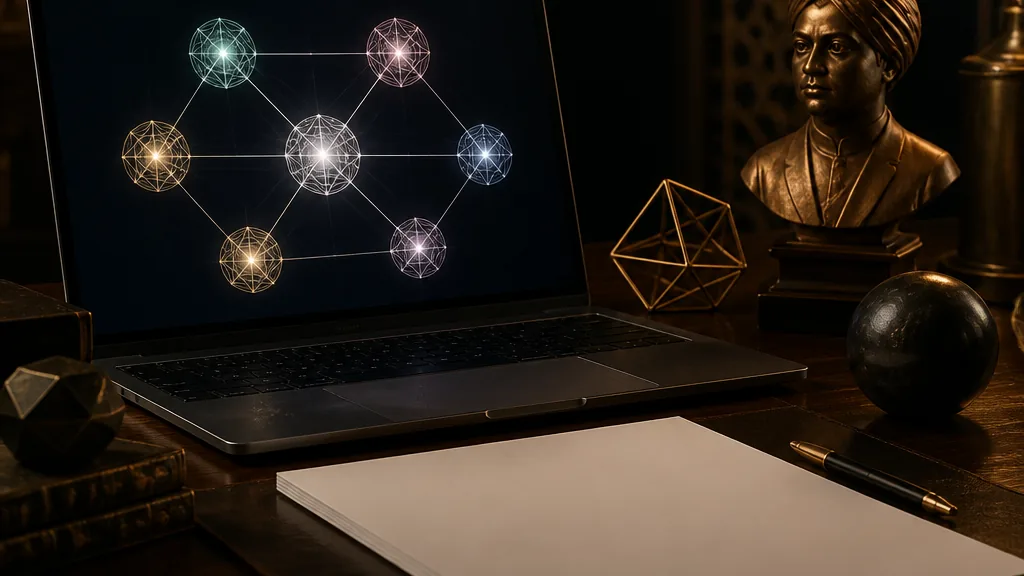 Tmavě nasvícený pracovní stůl s notebookem zobrazujícím abstraktní síť spolupracujících AI agentů a geometrickými objekty symbolizujícími výpočetní matematiku