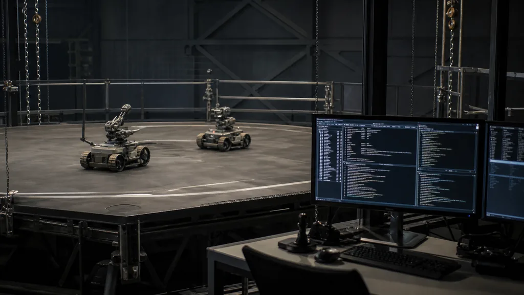 Autonomous combat robots competing on a suspended arena platform