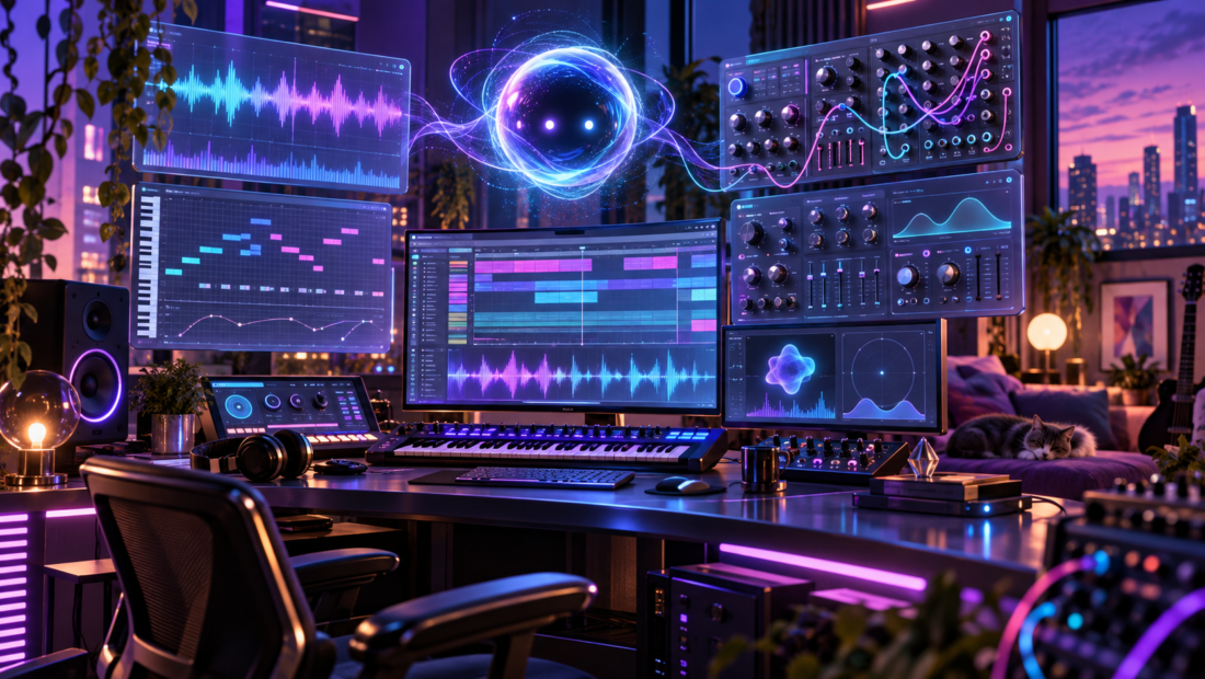Ilustrace AI hudebního studia s MIDI a waveformy