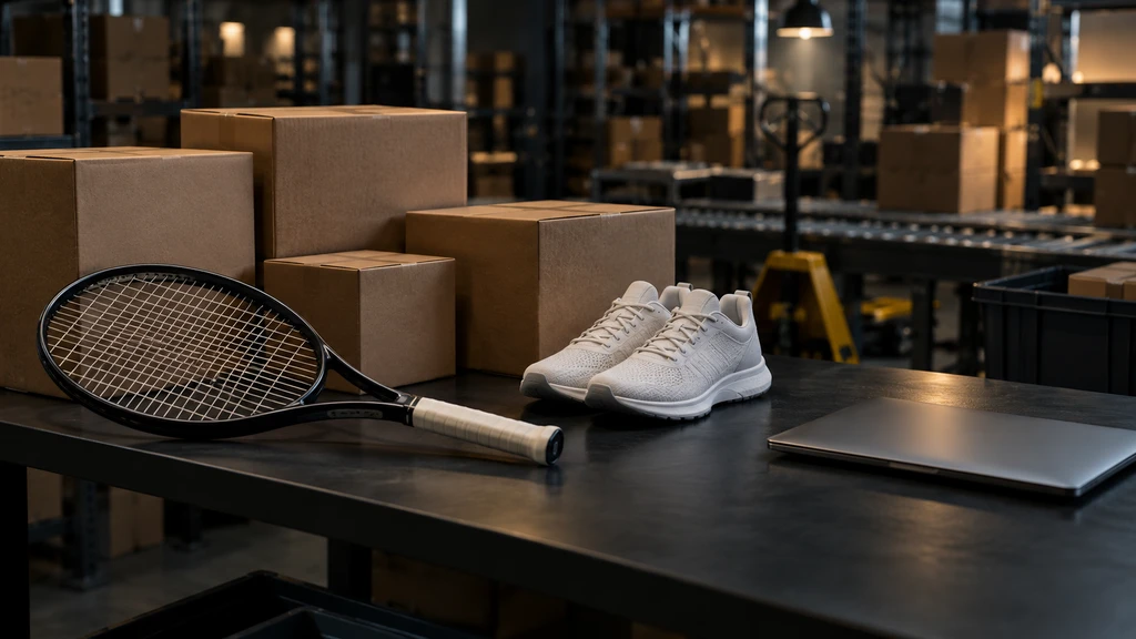 Ilustrační scéna sportovního e-commerce s raketou, obuví a zavřeným počítačem. Nejde o skutečné prostory Sportegy.