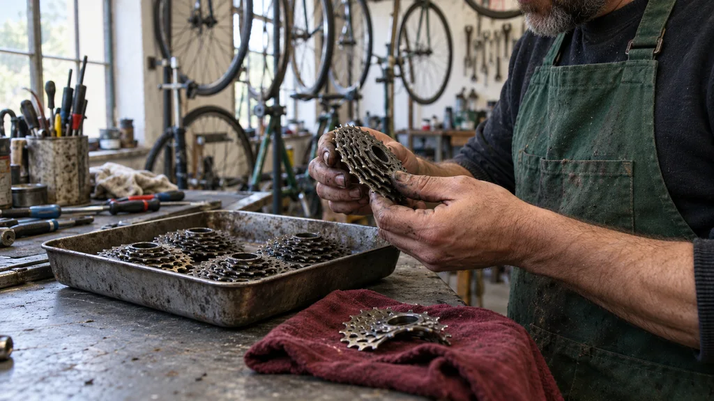 Mechanik porovnává cyklistickou součástku s podobnými díly v dílně.