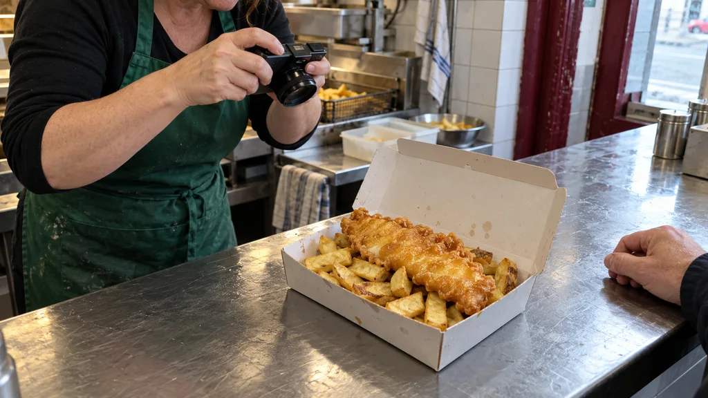 Člověk v zástěře fotografuje porci ryby s hranolky v otevřené krabičce.