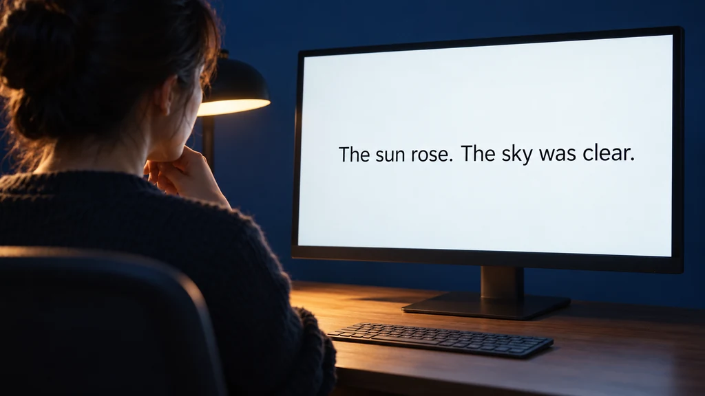 Ilustrační čtenář před monitorem s krátkou neutrální textovou ukázkou.