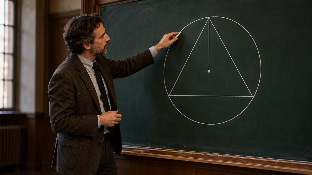 Ilustrační scéna vysvětlování geometrického obrazce na tabuli. Nejde o portrét autora eseje ani znázornění nového objevu.