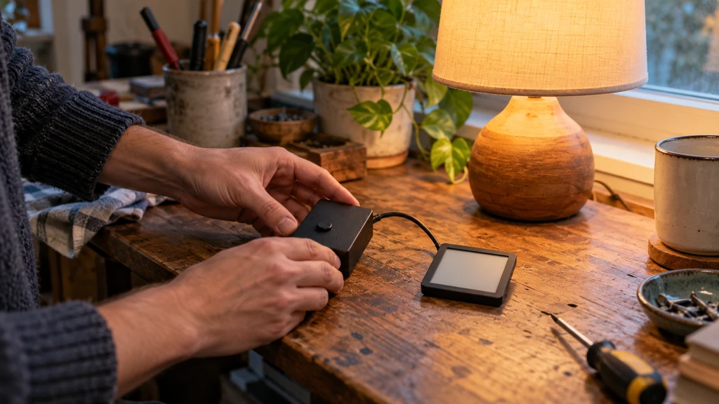Ruce při testování domácího DIY ovladače u rozsvícené lampy