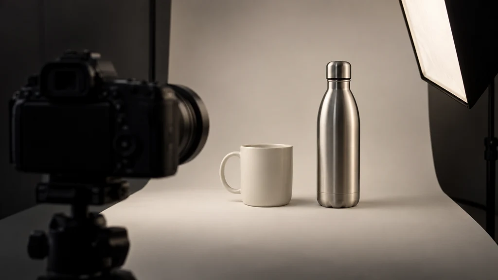 Ilustrační produktové fotografování hrnku a lahve. Nejde o skutečné snímky z kontroly ProductAI.photo.
