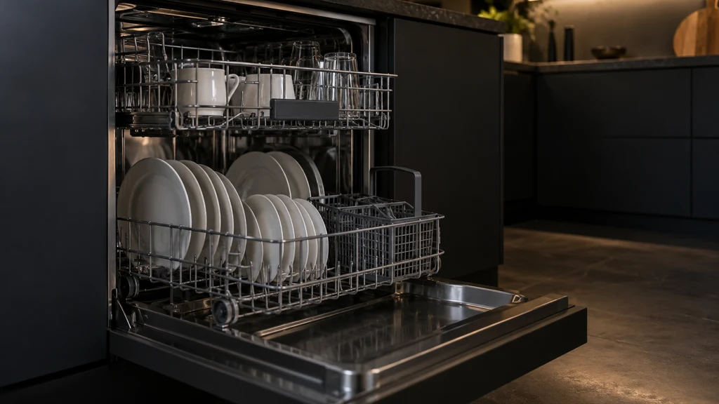 Ilustrační otevřená myčka s nádobím. Nejde o simulaci DishwasherBench ani záznam skutečného testu.
