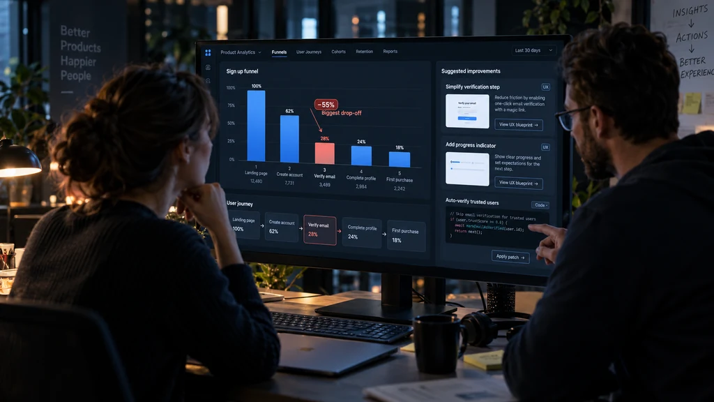 Ilustrační snímek analytického dashboardu s produktovým funnelem, výrazným propadem, návrhy UX zlepšení a náhledem kódové úpravy.